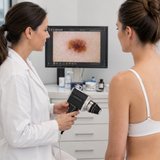 Lekarka omawia z pacjentką obraz zmiany na ekranie wideodermatoskopu